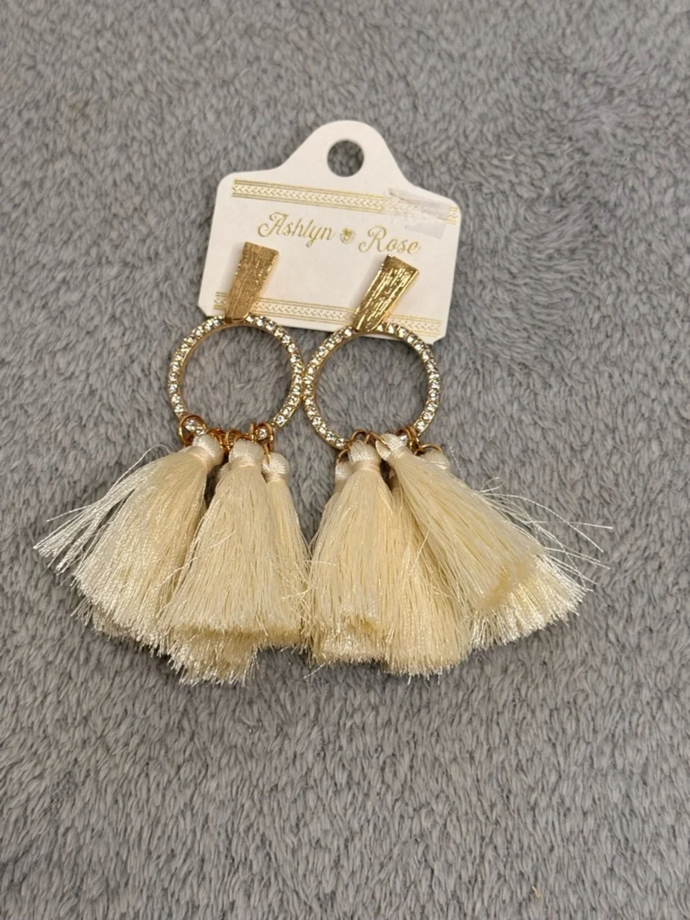 Ashlyn Rose Gold Rhinestone Hoop Tassel Earrings Cream Statement Boho